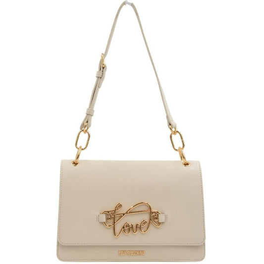 Cream Faux Leather Shoulder Bag with Gold Tone Accent