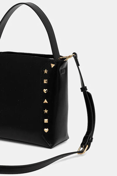 Black Structured Shoulder Bag with Gold Stud Accents