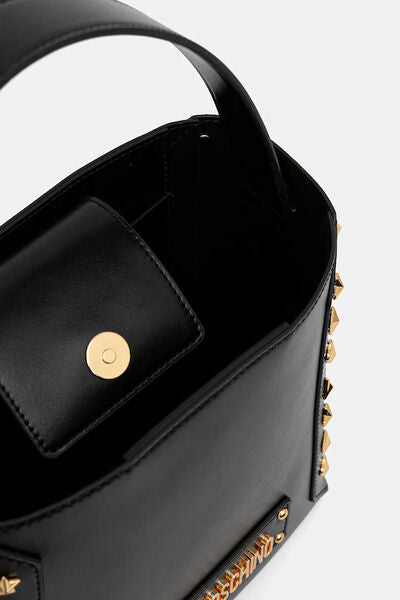 Black Structured Shoulder Bag with Gold Stud Accents