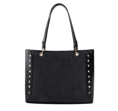 Black Studded Textured Tote Bag