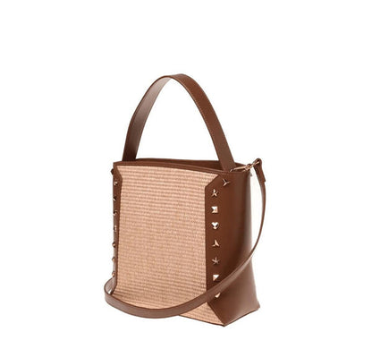 Brown Woven Tote with Studded Detail