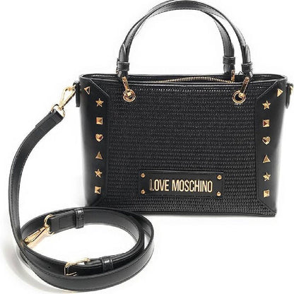 Black Woven Handbag with Studded Accents