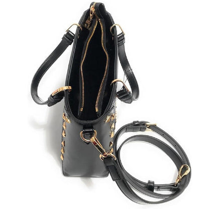 Black Woven Handbag with Studded Accents