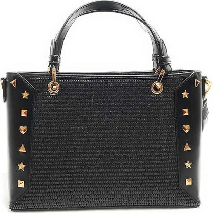 Black Woven Handbag with Studded Accents