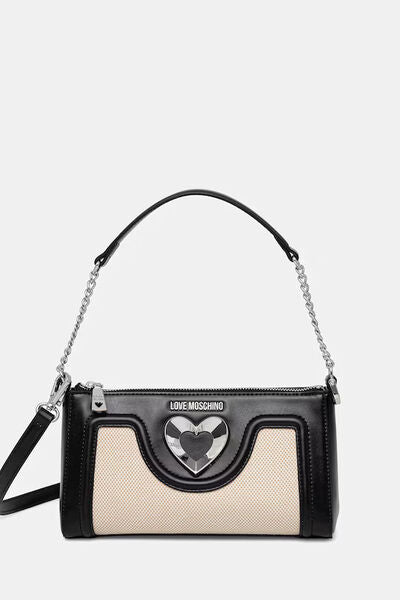 Black and Beige Leather Shoulder Bag with Heart Accent