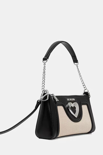 Black and Beige Leather Shoulder Bag with Heart Accent