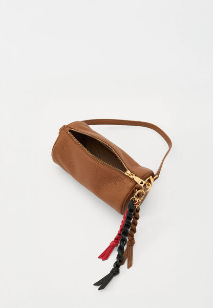 Brown Leather Shoulder Bag with Braided Tassel