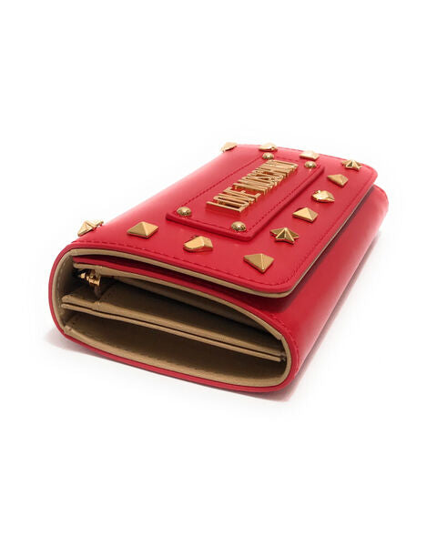 Red Glossy Embellished Wallet with Stud Detail