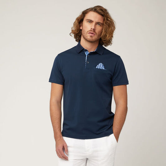 Navy Polo Shirt with Patterned Collar Detail