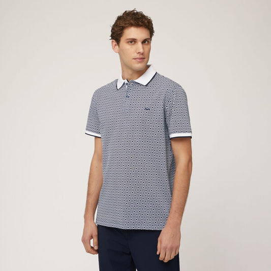 Navy Geometric Pattern Polo with Contrast Collar