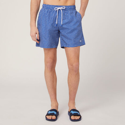 Blue Geometric Swim Shorts with Drawstring