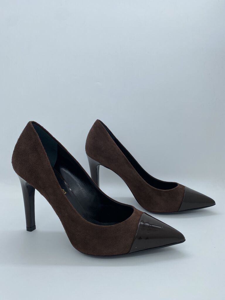 Brown Suede Heels with Patent Toe