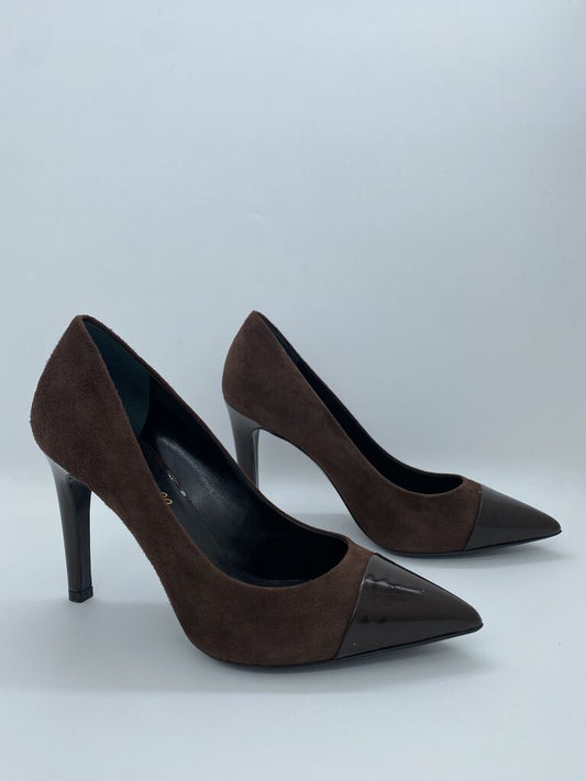 Brown Suede Heels with Patent Toe