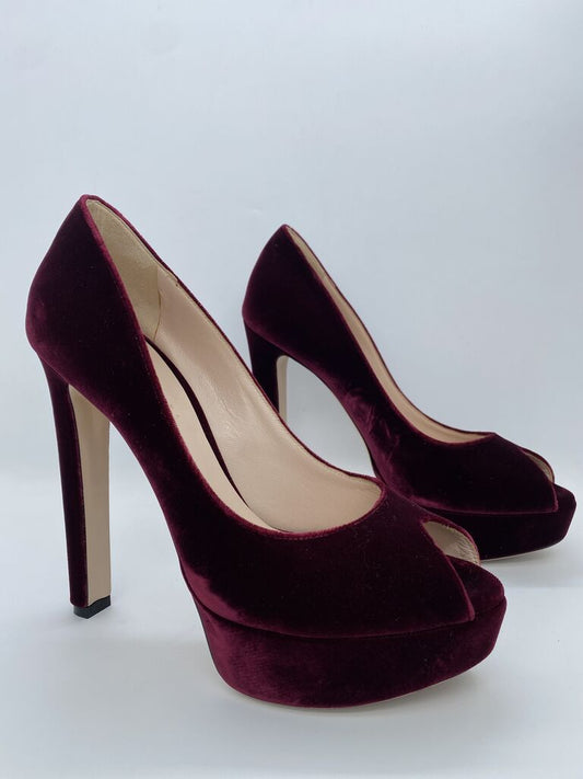 Burgundy Velvet Platform Peep-Toe Heels