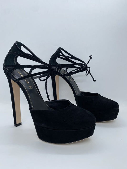 Black Suede Platform Heels with Lace-Up Detail