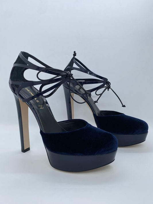 Navy Patent Strappy Velvet Platform Heels