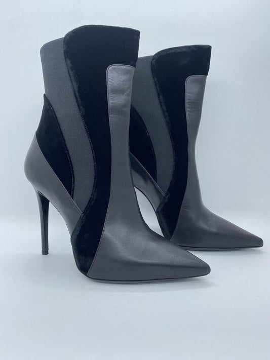 Black Velvet Leather Ankle Boots with Stiletto Heel