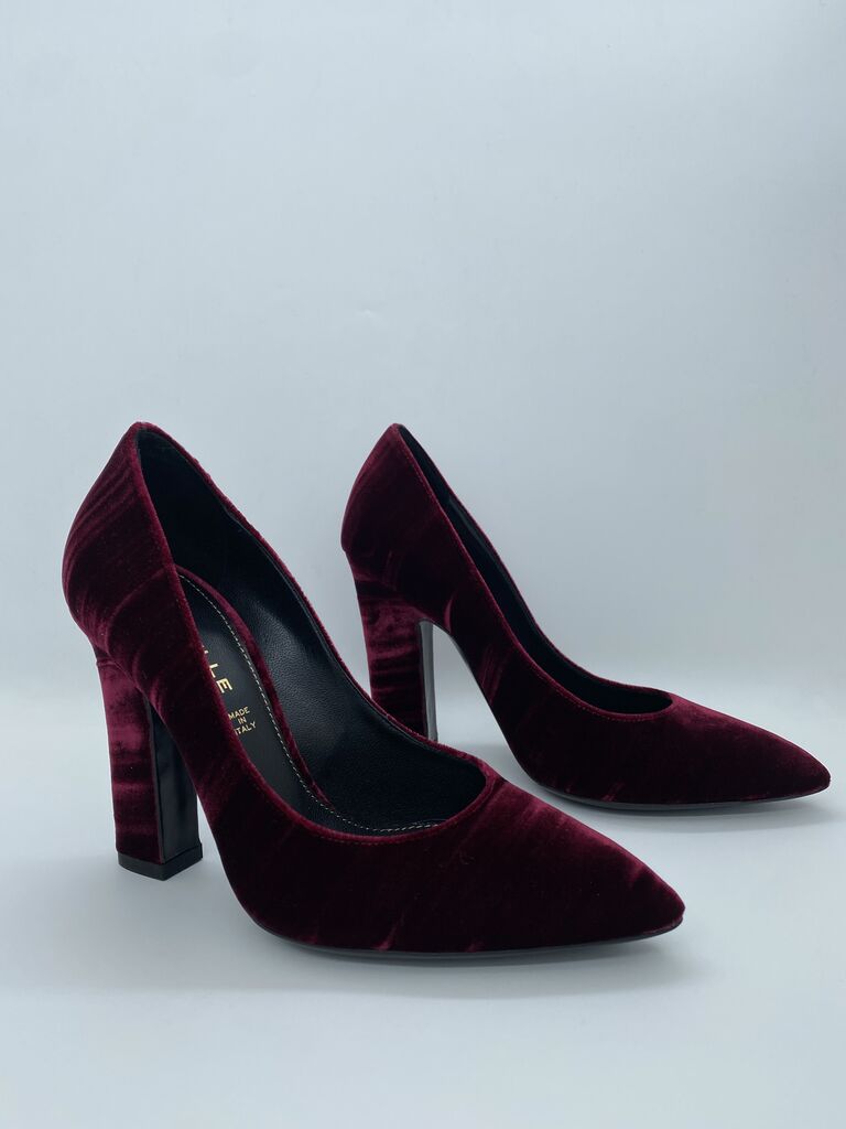 Burgundy Velvet Pointed Heels with Block Heel