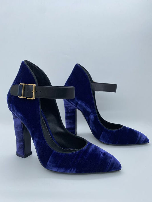 Royal Blue Velvet Heeled Pumps with Buckle Strap