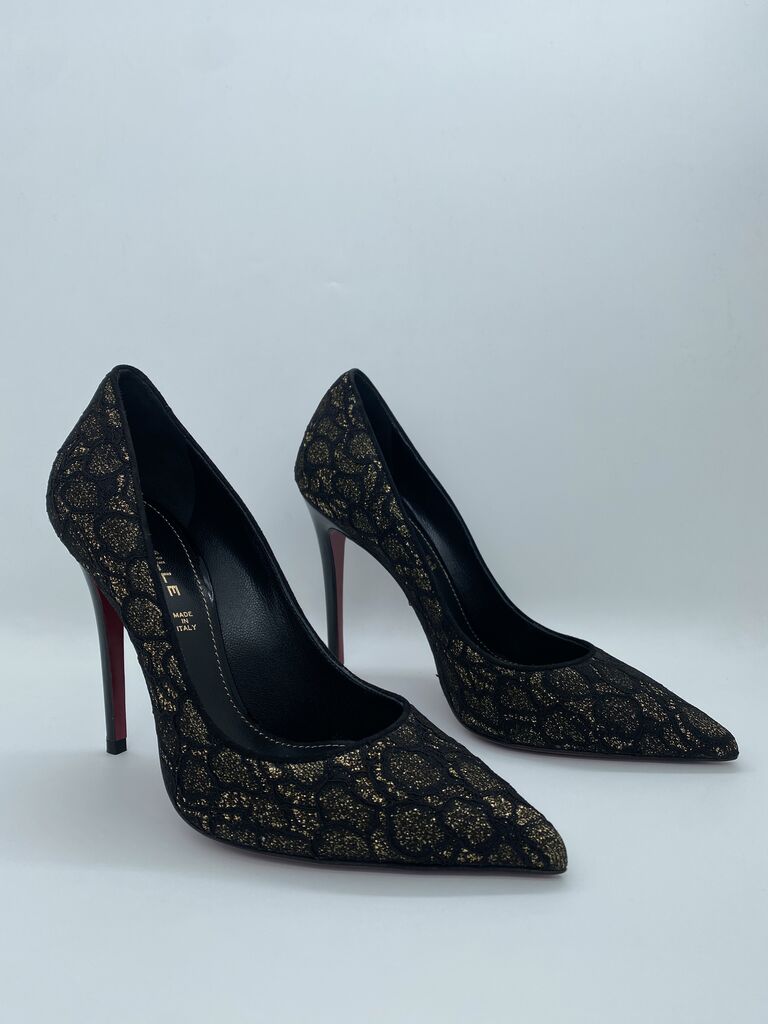 Black Lace Pointed Heels with Red Sole