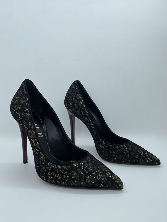 Black Lace Pointed Heels with Red Sole