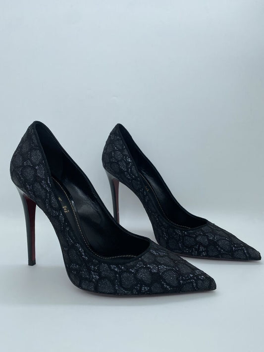 Black Lace Stiletto Heels with Patterned Texture