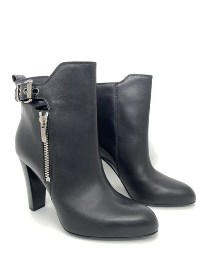 Black Leather Ankle Boots with Buckle Accent