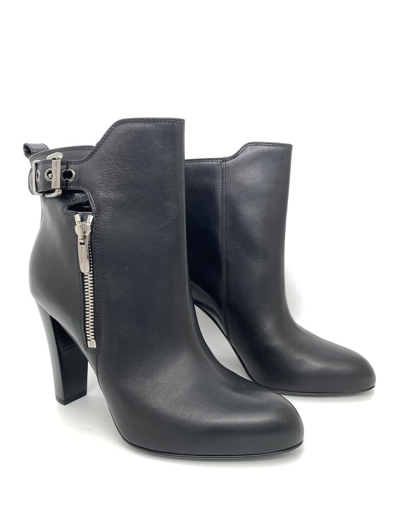 Black Leather Ankle Boots with Buckle Accent
