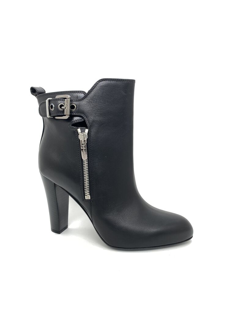 Black Leather Ankle Boots with Buckle Accent