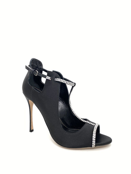 Black Satin Heel with Rhinestone Detailing