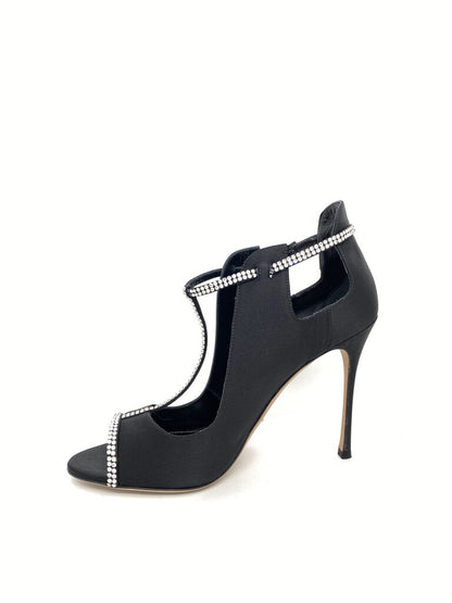 Black Satin Heel with Rhinestone Detailing