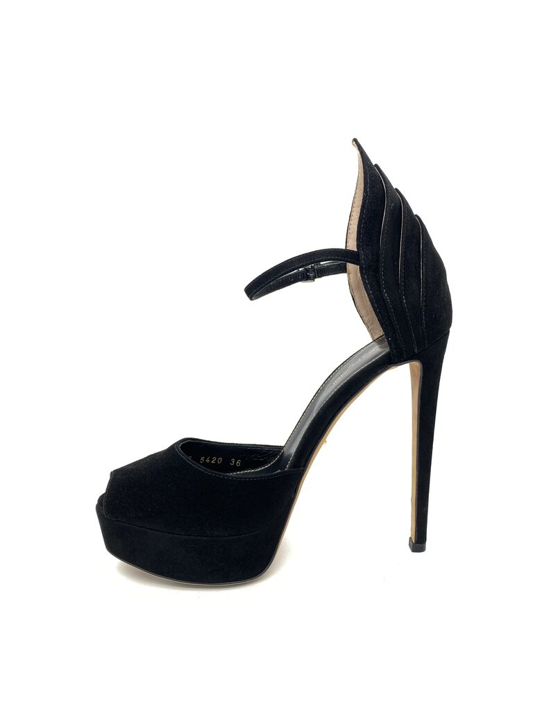 Black Velvet Peep Toe Stiletto with Ankle Strap