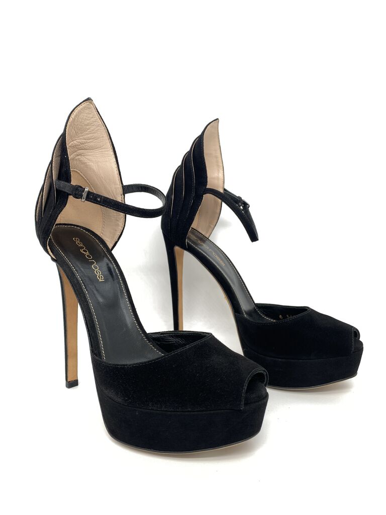 Black Velvet Peep Toe Stiletto with Ankle Strap