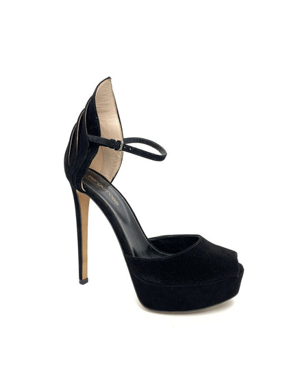 Black Velvet Peep Toe Stiletto with Ankle Strap