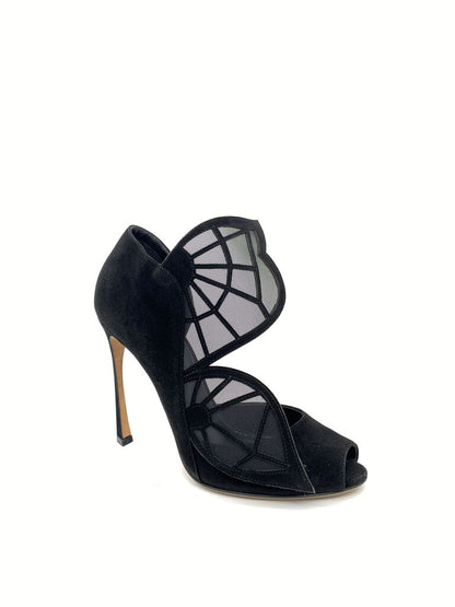 Black Mesh High Heel Sandals with Geometric Cutouts