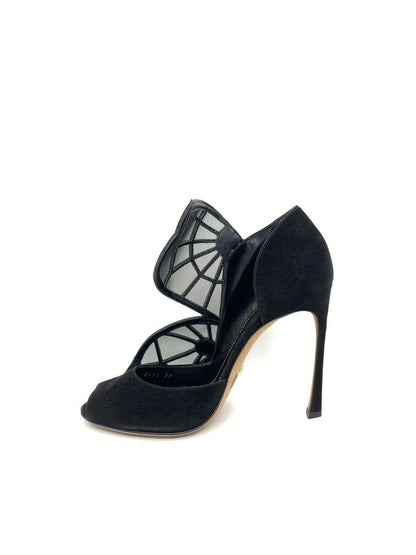 Black Mesh High Heel Sandals with Geometric Cutouts
