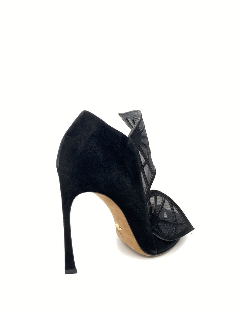 Black Mesh High Heel Sandals with Geometric Cutouts