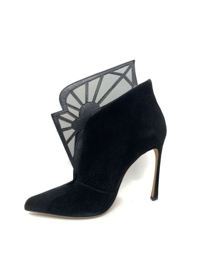 Black Suede High Heel Ankle Boot with Geometric Design