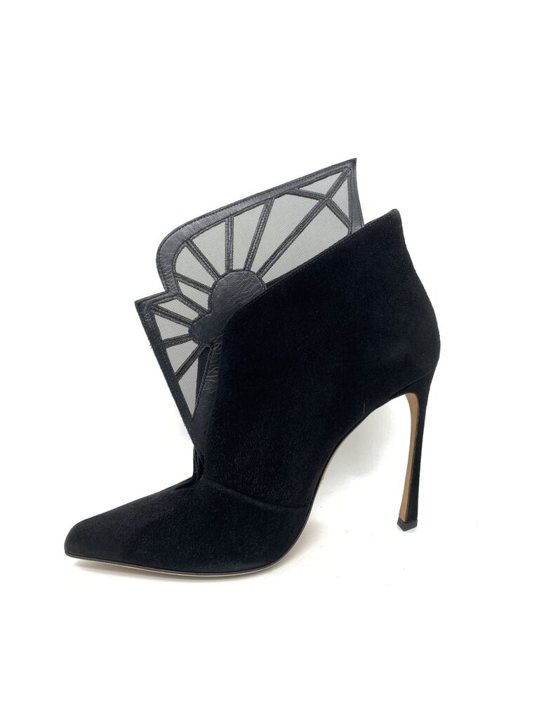 Black Suede High Heel Ankle Boot with Geometric Design