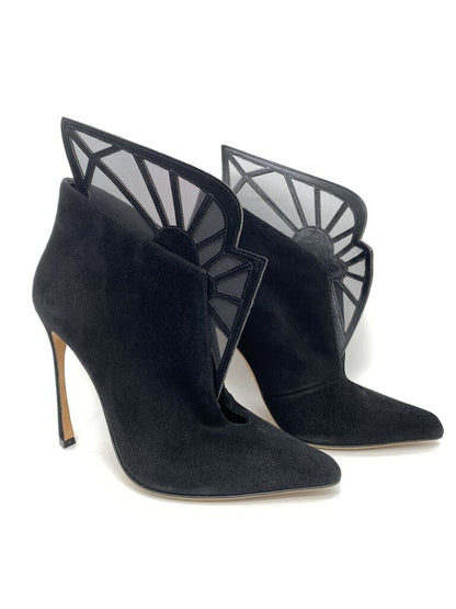 Black Suede High Heel Ankle Boot with Geometric Design