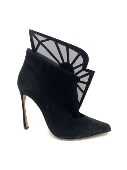 Black Suede High Heel Ankle Boot with Geometric Design