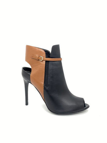 Black and Tan Leather Heeled Ankle Boot with Peep Toe