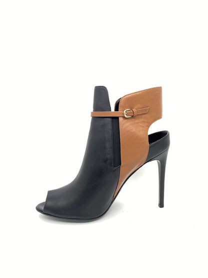 Black and Tan Leather Heeled Ankle Boot with Peep Toe