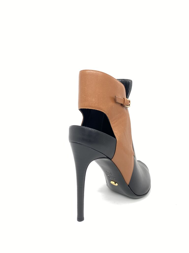Black and Tan Leather Heeled Ankle Boot with Peep Toe