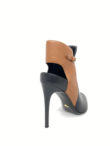 Black and Tan Leather Heeled Ankle Boot with Peep Toe