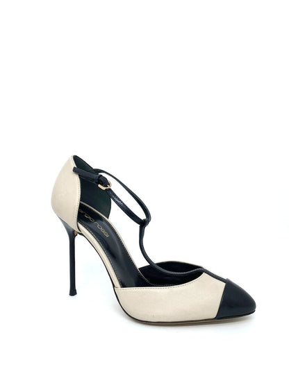 Two-Tone Leather Stiletto Heels with Ankle Strap