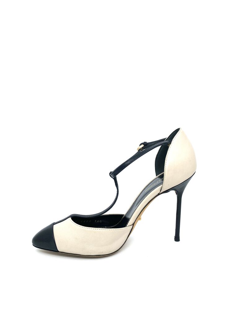 Two-Tone Leather Stiletto Heels with Ankle Strap