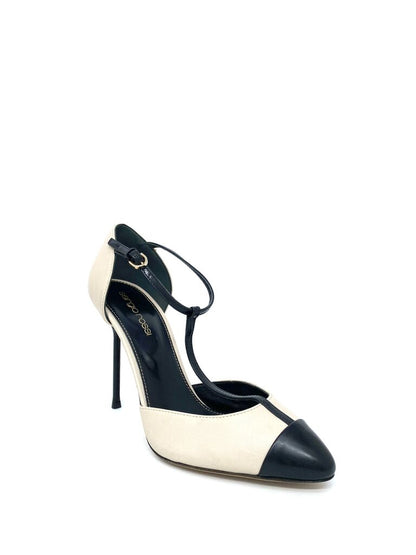 Two-Tone Leather Stiletto Heels with Ankle Strap