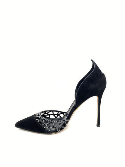 Black Embellished Pointed Heels with Cutout Detail