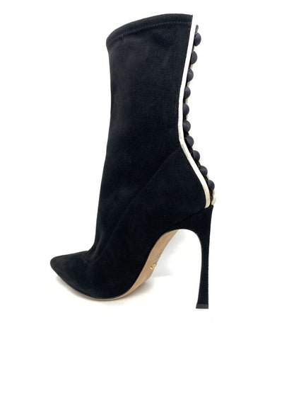 Black Suede High Stiletto Boot with Button Detail